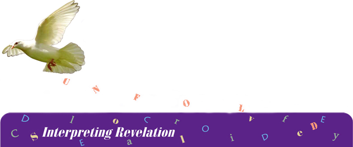 A white dove flies over the header "Interpreting revelation" dropping the letters of 'unfold' into the purple surround. Other words jumbled in the header are clarify, decode, and solve.